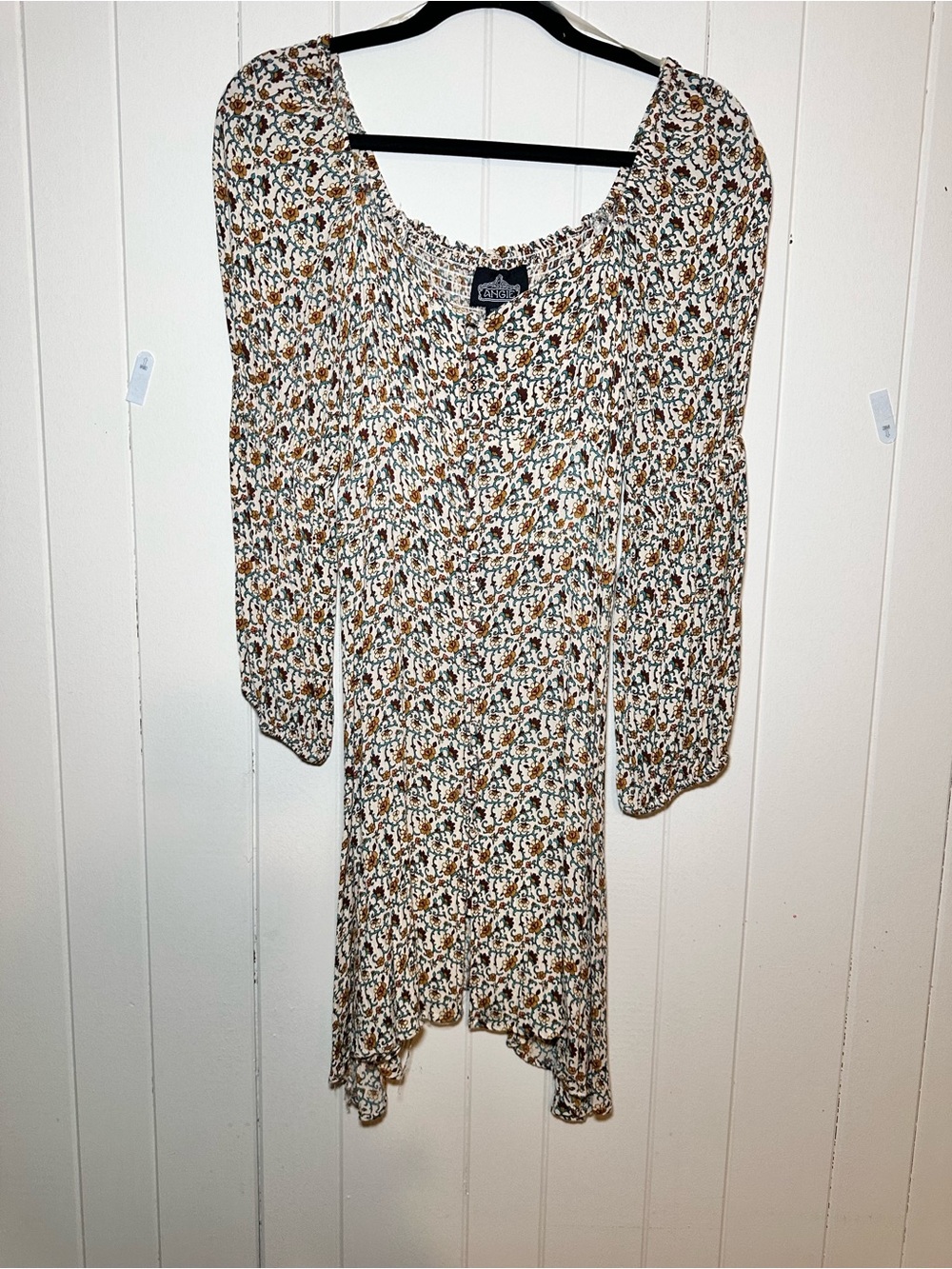 Angie White Floral Long Sleeve Dress with Brown and Green Accents